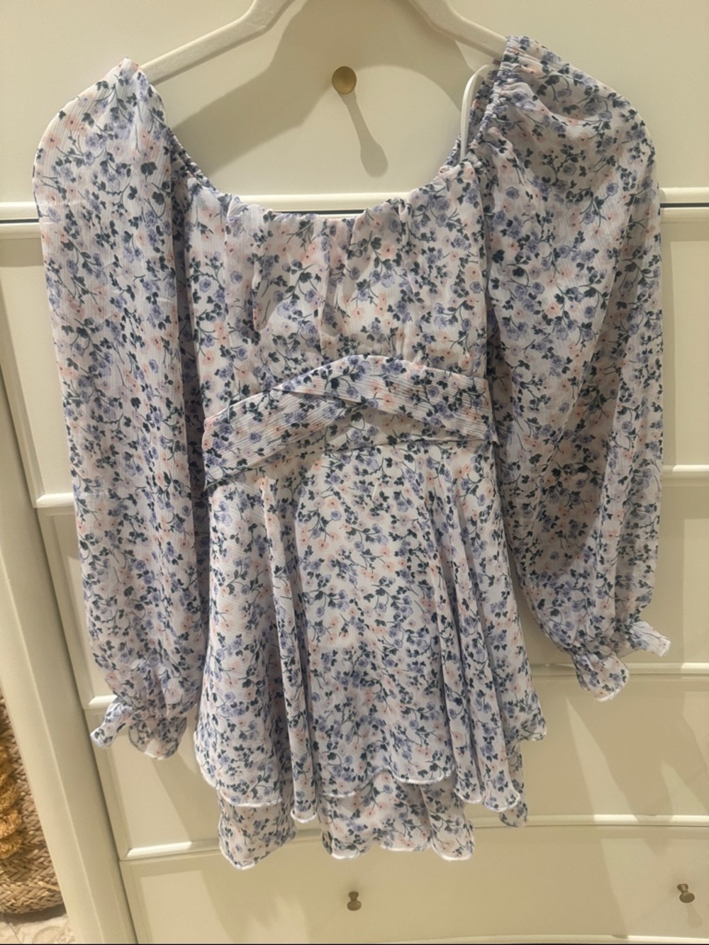 Girls' Floral Puff-Sleeve Blue and White Dress with Waist Tie